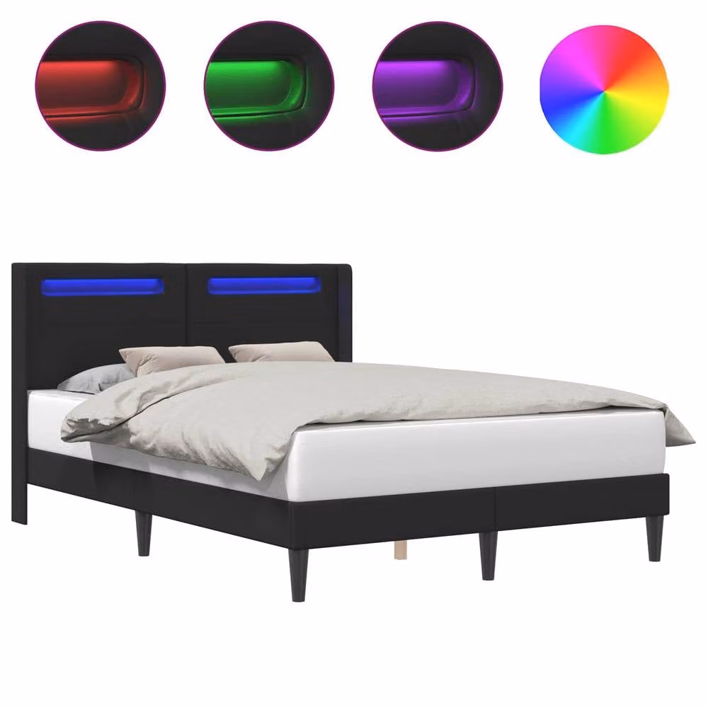 Berkfield Home Black Faux Leather Bed Frame with Under-Bed LED Strip Lights, W: 135 cm, L: 190 cm – 2