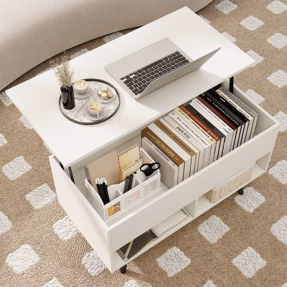 Costway Mid Century Modern Lift Top Coffee Table with Shelves in White – 5
