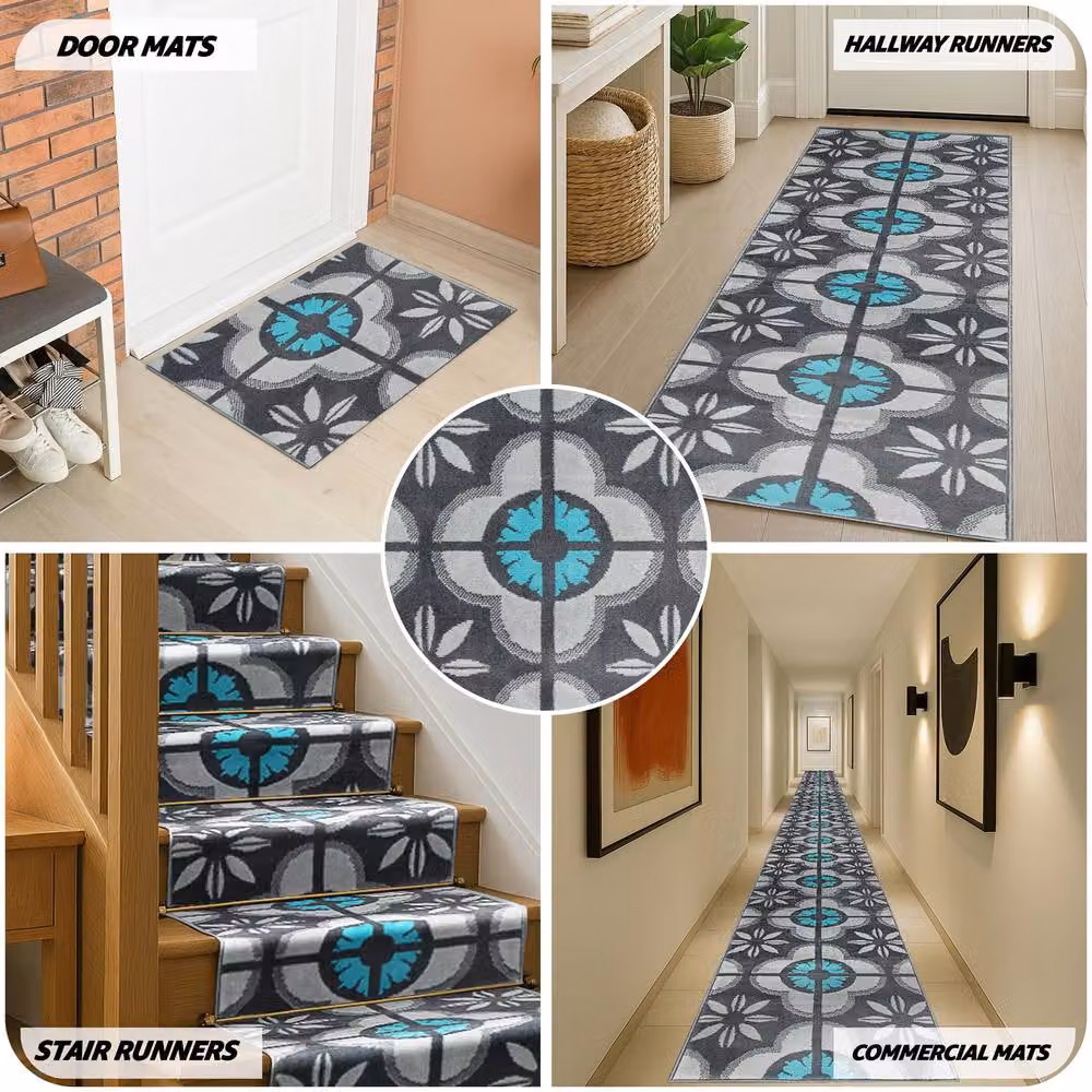 Bravich LTD Floral Tile Blue Non-Slip Low Pile Hallway Runner Rug W: 60 cm, L: 150 cm – 6