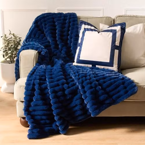 OHS Ribbed Faux Fur Fleece Throw Blanket, Navy Blue, W/D/H: 125 x 150 cm – 3