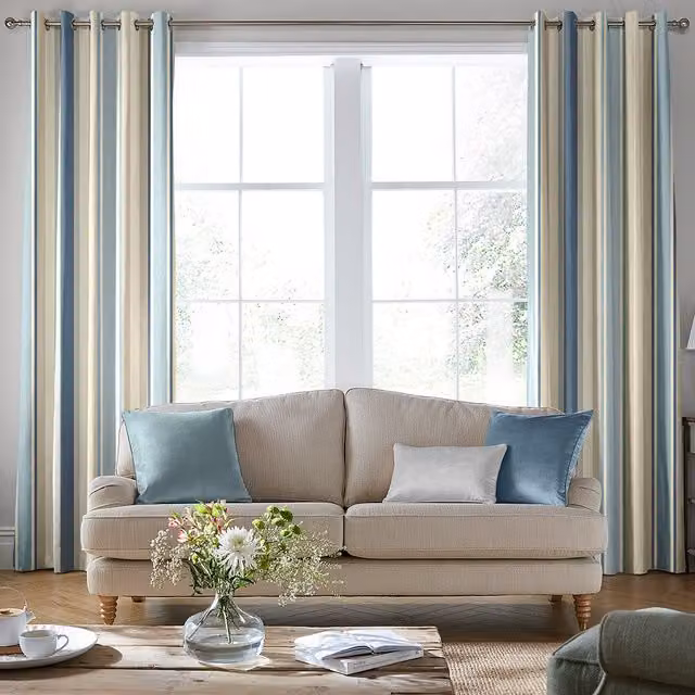 Laura Ashley Awning Stripe Made To Measure Eyelet Curtains in Seaspray Blue