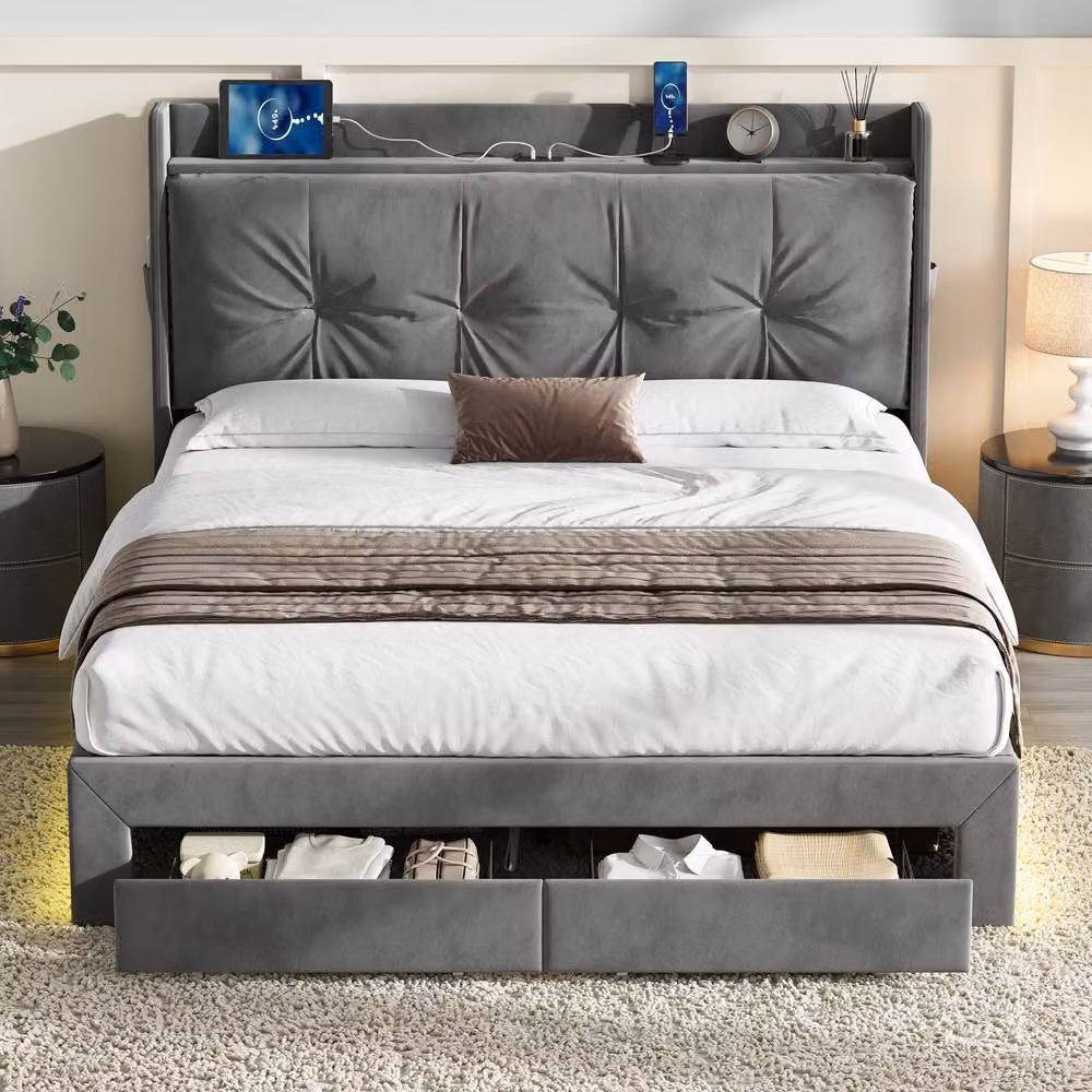 ModernLuxe Grey Upholstered King Size Ottoman Bed with Cushion Headboard, LED Under-Bed Lighting and USB Charging Port – 4