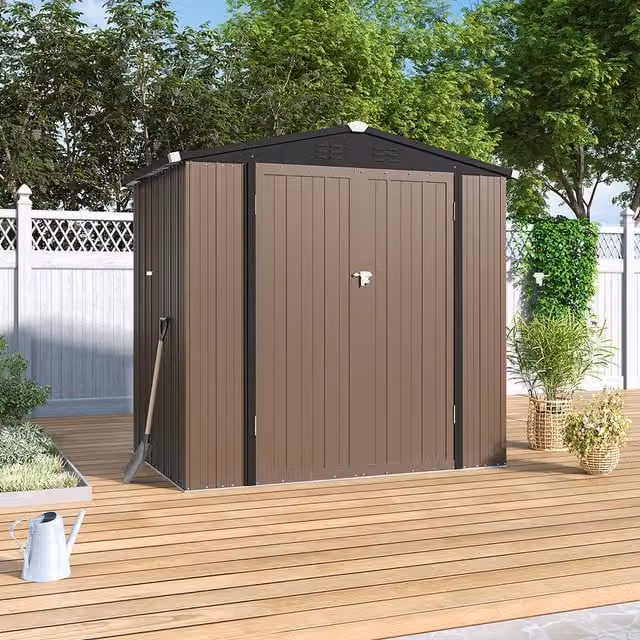 Lifeideas Apex Metal Garden Shed with Vents in Brown and Black, W/D/H: 186 x 130 x 189 cm