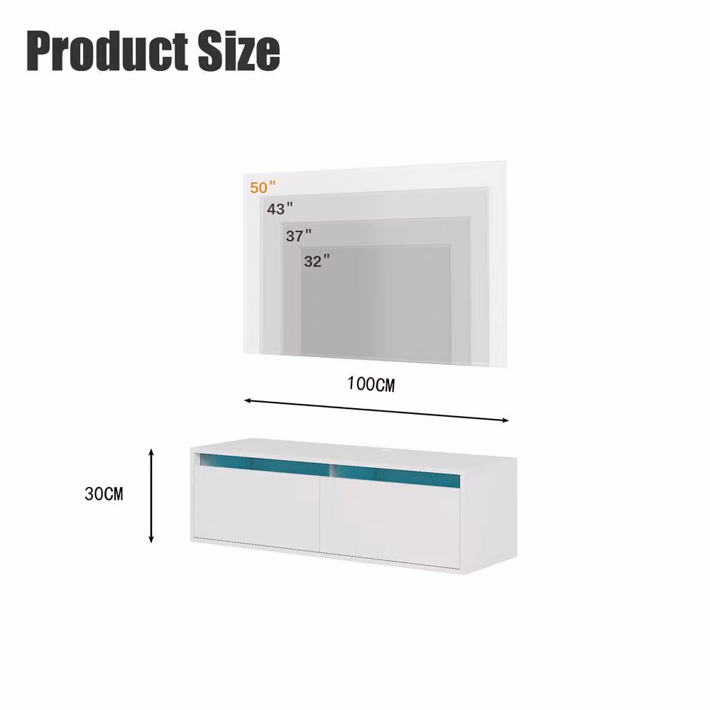 KEEPREAPER Floating TV Stand for 32-50 inch TVs with 2 Flip-Down Doors and LED Lighting in White – 2