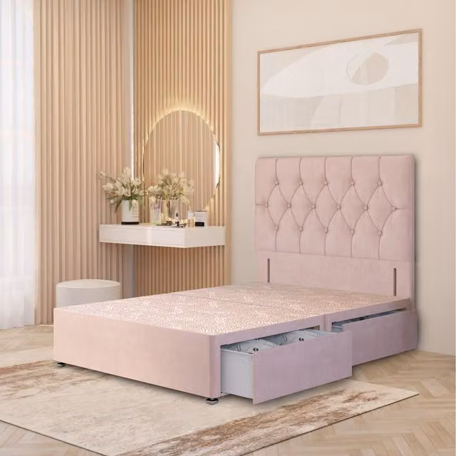 Somnior Beds Ltd Chesterfield Velvet Divan Bed Base with Drawers and Floor Standing Headboard, Pink, W/D/H: 200 x 200 cm