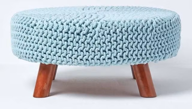 Homescapes Large Round Blue Cotton Knitted Footstool with Wooden Legs