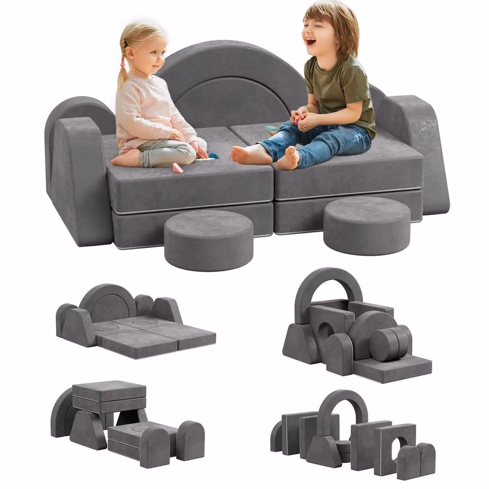KEEPREAPER Soft Modular Kids Play Couch with Scatter Cushions, Double, Dark Grey – 2