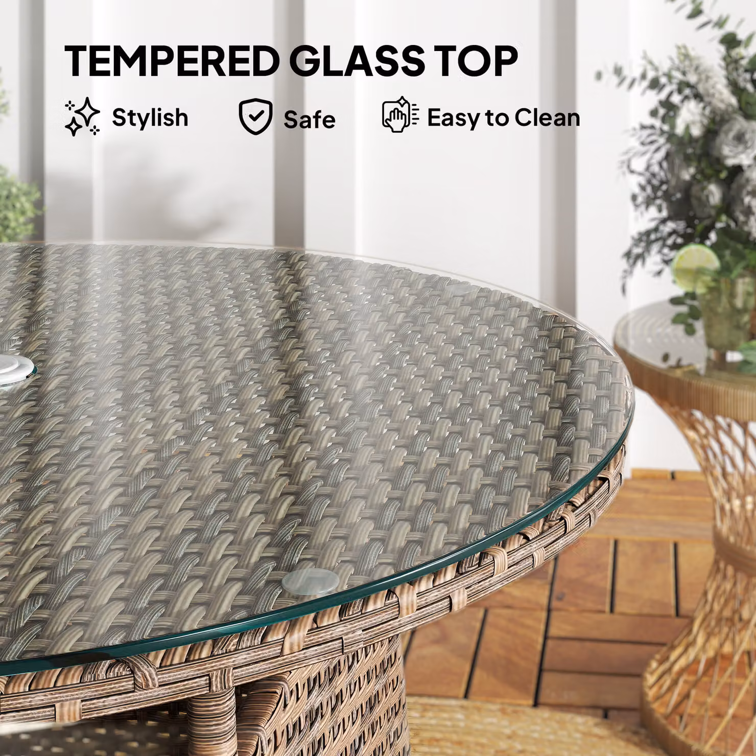 Outsunny Brown Wicker Rattan Round Garden Coffee Table with Tempered Glass Top and Umbrella Hole – 6