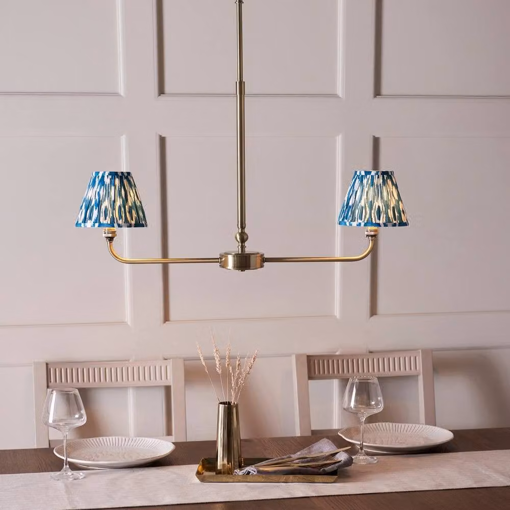 Netlighting Lille Brass Plate Pendant Light with Blue Fabric Ikat Shade, Diameter: 16 cm – 2
