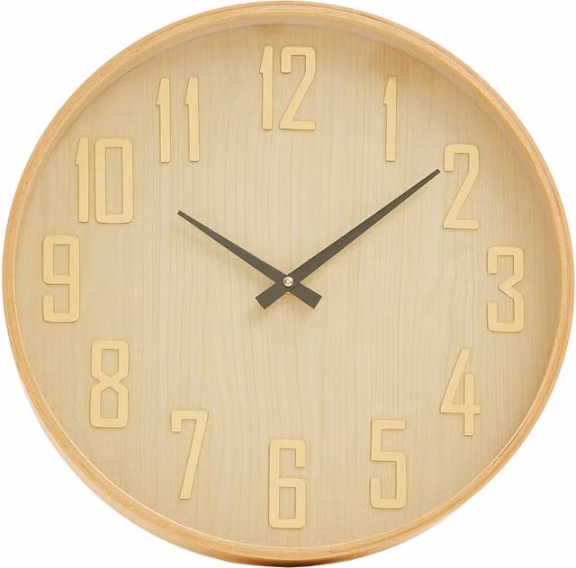 Orsina Round Analog Wall Clock in Natural Brown with Wood and Glass, Diameter: 40 cm
