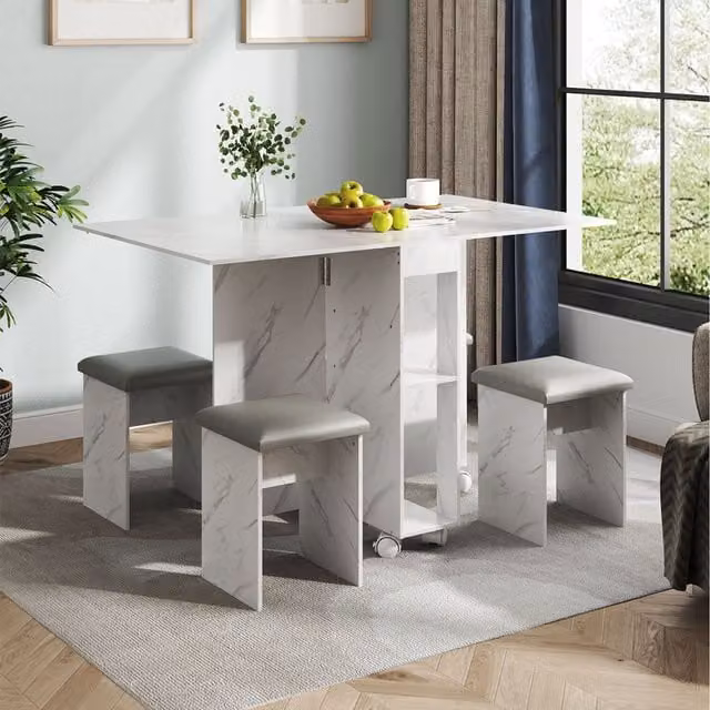 Komore Modern Rectangular Drop Leaf Dining Table and Chair Set in White and Black