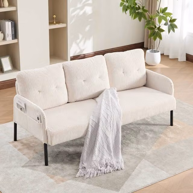 Direct Wicker Oversized Corduroy Loveseat Double-Seater Couch with Side Pockets in Beige