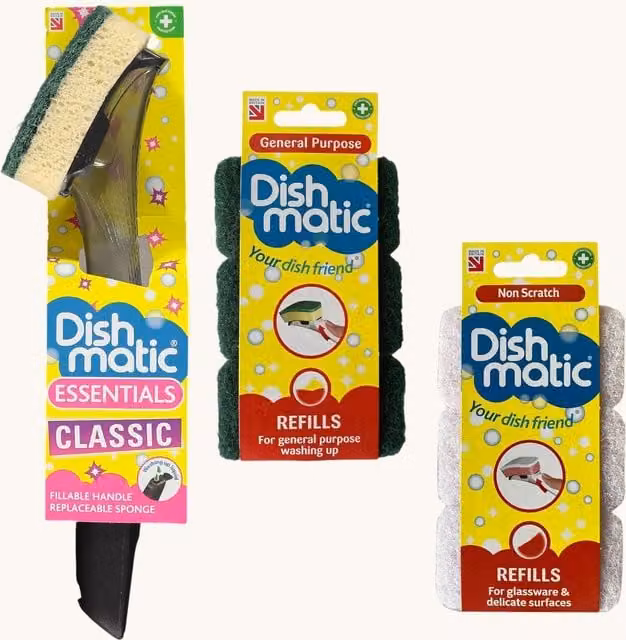 Dishmatic Refillable Washing Up Brush Starter Kit with Refill Sponge in Green and Pink