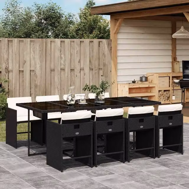 Berkfield Home Garden 8-Seater Dining Set in Black PE Rattan with Glass Top