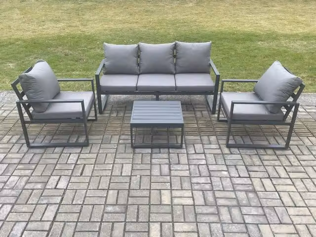 Fimous Powder Coated Aluminium Outdoor Garden Furniture Set in Dark Grey with 3 Seater Sofa, 2 Seater Sofa, Coffee Table and Upholstered Cushions