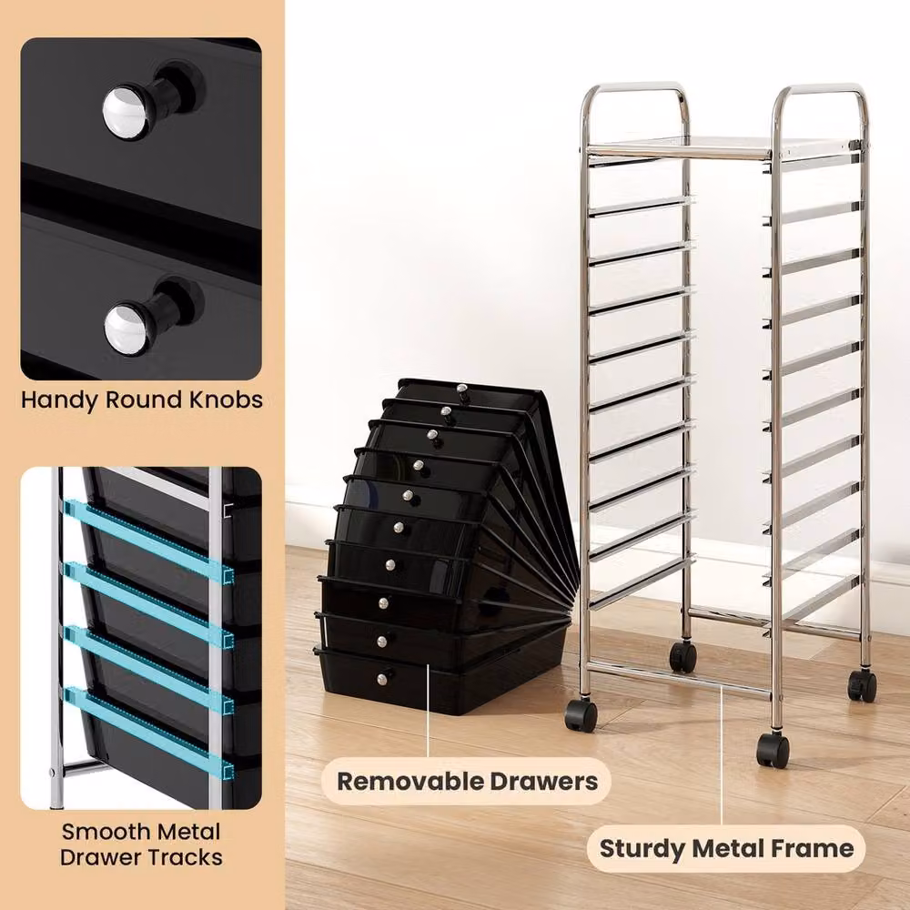 VOGREX 10-Drawer Metal Rolling Storage Cart with Castors, Black – 5