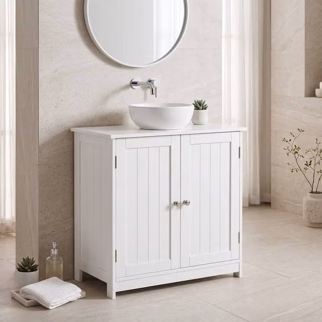STILVORA White Under Sink Bathroom Storage Cabinet with 2 Internal Shelves and Hinged Doors