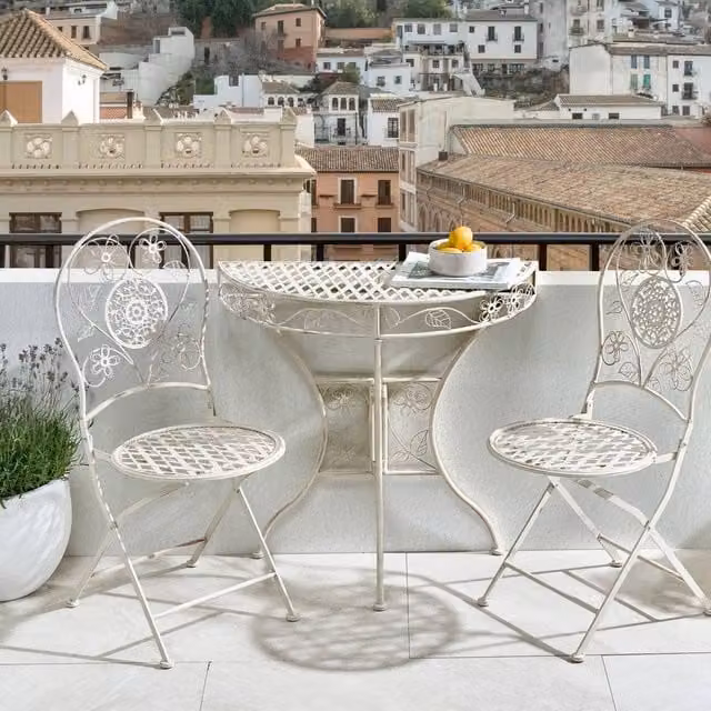 Wyld and Coco Vintage Floral Iron Bistro Set in Light Beige, 2-Seater