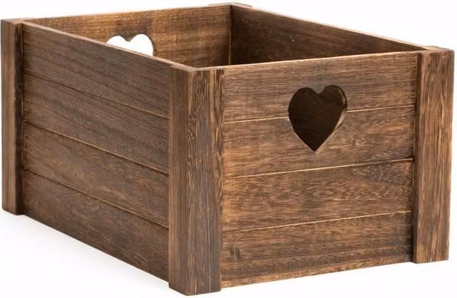 NESTLUNE Brown Vintage Wooden Crate with Heart Design and Handles, W/D/H: 27.0 x 18.0 x 12.0 cm
