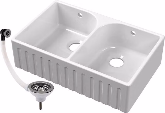 Balterley BKS239W2 White Fireclay Double Bowl Fluted Front Butler Kitchen Sink