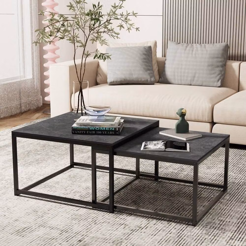 FORGEVIO Set of 2 Black Square Nesting Coffee Tables with Marble Effect Tops – 5