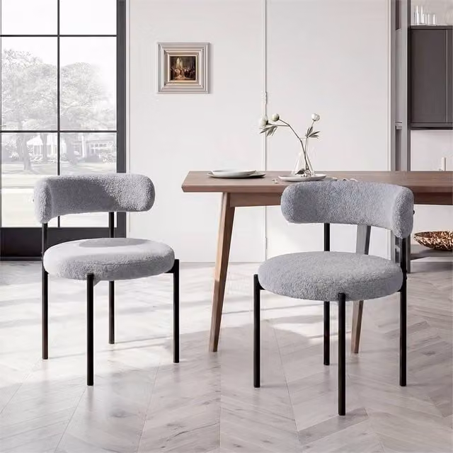 Nordara Set of 2 Grey Velvet Modern Upholstered Dining Chairs with Curved Back and Metal Frame