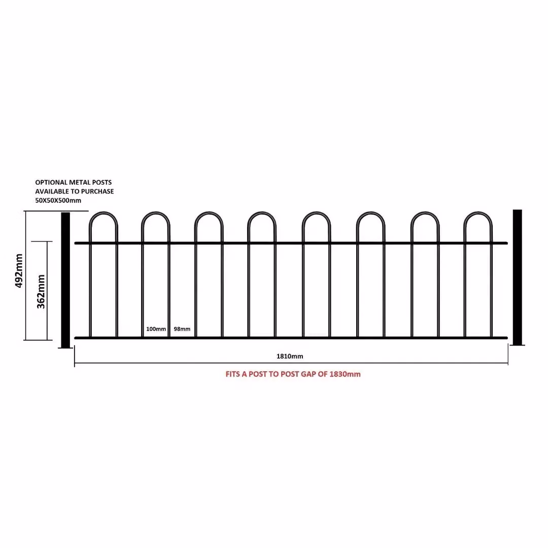 Burbage Iron Craft Court Hoop Top Railing Panel in Black Powder-Coated Galvanised Steel, Fits Gap of W: 183 cm, H: 49 cm – 2