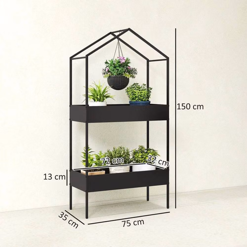 EONLION 2 Tier Metal Plant Stand in Matt Black for Indoor and Outdoor Use, H 100 x W 100 x D 35 cm – 2