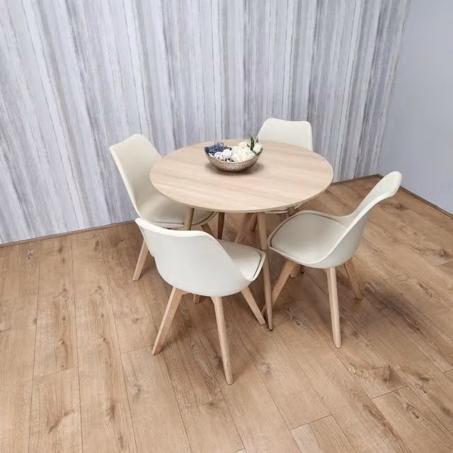 Kosy Koala Round Oak Effect Kitchen Dining Table and 4 Cream Tulip Chairs Set, Diameter: 90 cm, Height: 75 cm