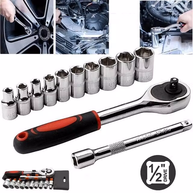 SPETLEK 12-Piece 1/2 Inch Metric Socket Set with Ratchet, 8-24mm, Chrome Vanadium Steel, Silver and Multicolour