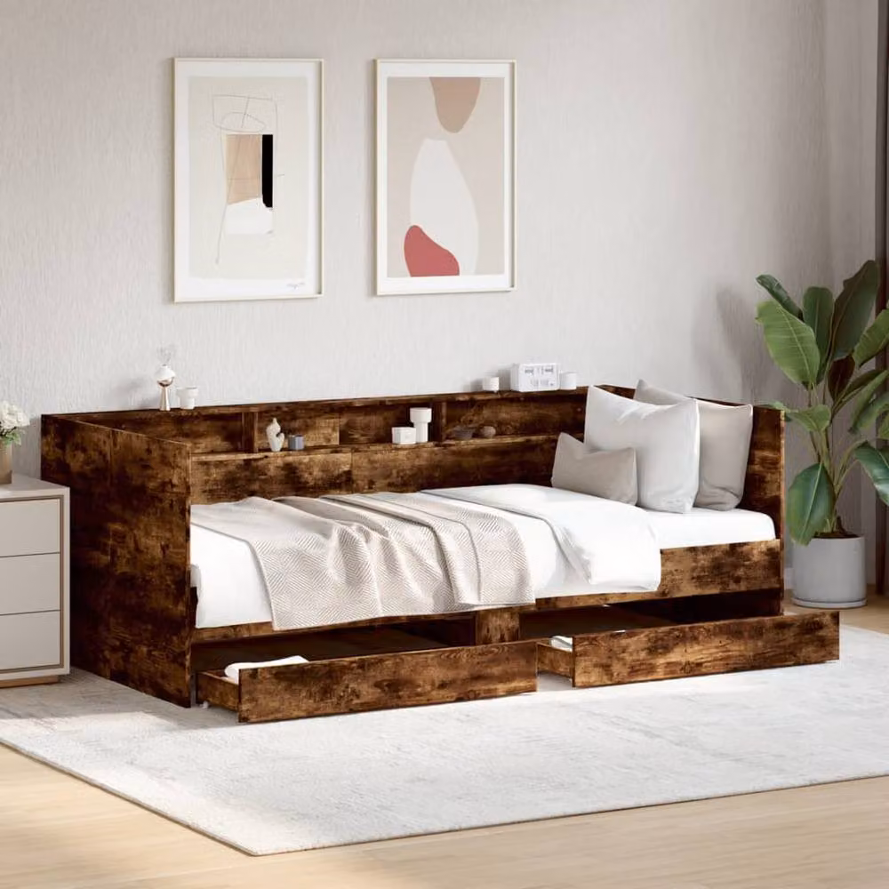 Berkfield Home Daybed with Drawers in Smoked Oak and Brown, W/D/H: 100 x 200 cm – 2