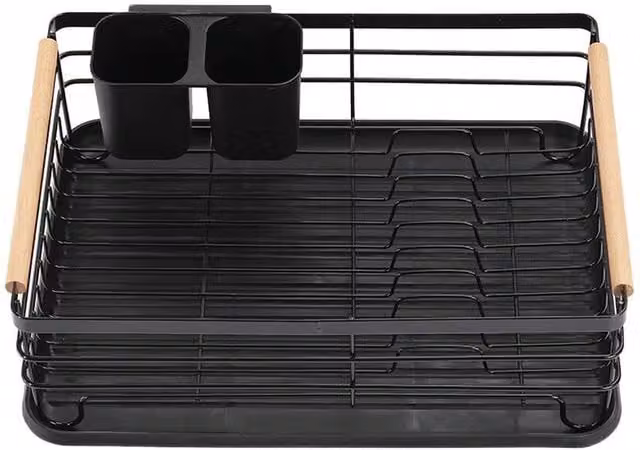 VOGREX Dish Drying Rack with Drip Tray and Cutlery Holder, Black, W: 43 cm, D: 30 cm – 1
