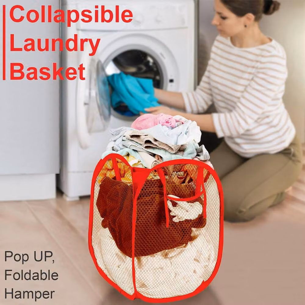 ATEK Collapsible Pop Up Laundry Basket with Handles and Side Pocket in Red – 3
