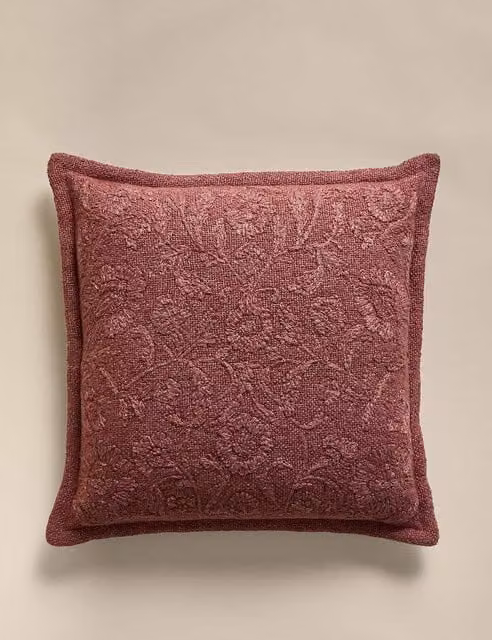M&S Cotton Rich Floral Embroidered Square Cushion in Chestnut Brown and Red