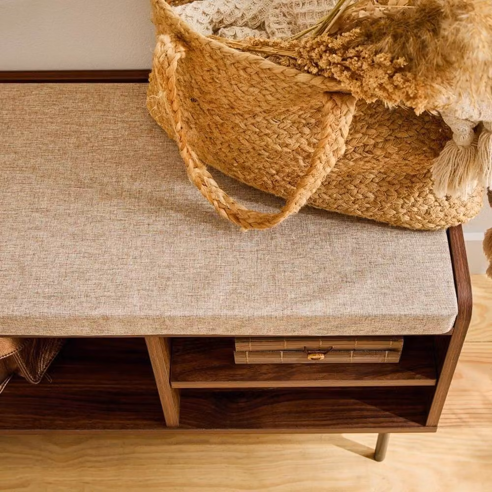 CALICOSY Jetson Entryway Bench with 1 Door and Fabric Front in Walnut Finish and Dark Brown – 4