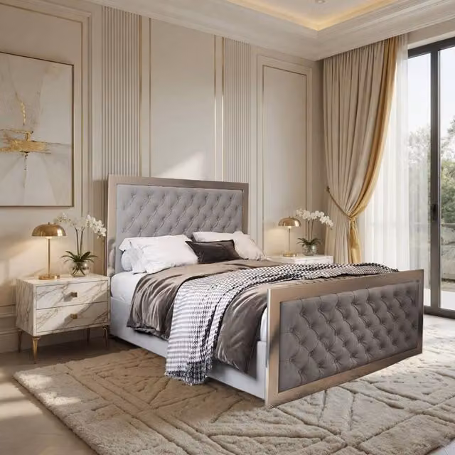 Casani Launceston Upholstered Velvet Designer Bed Frame in Grey and Black, W/D/H: 140 x 200 cm