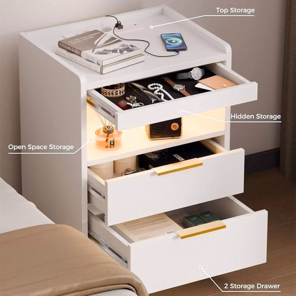 Ventryn Mondeer White Glossy LED Bedside Table with Hidden Drawer and Integrated Lighting – 2