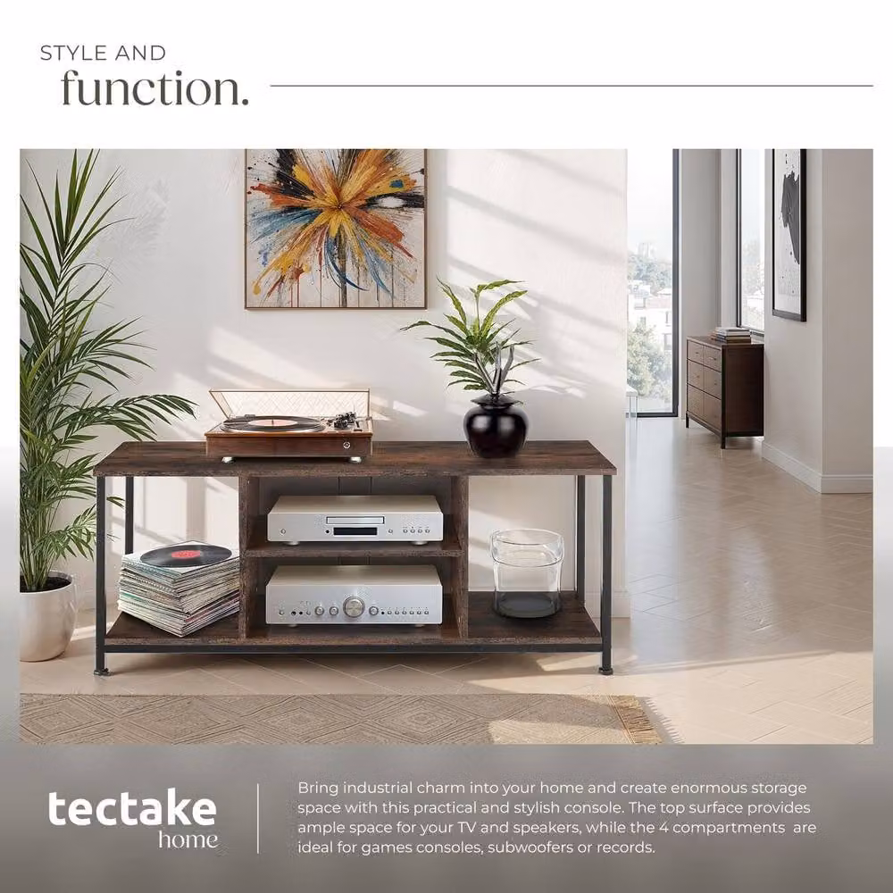 tectake Classic TV Stand Lowboard Cabinet in Brown with 4 Media Compartments and Adjustable Shelf, Width: 120 cm – 4