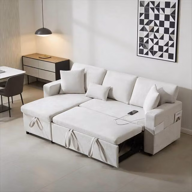BTM Beige L-Shaped Fabric Corner Sofa Bed with USB Charging and Scatter Cushions, W/D/H: 214 x 131 x 87 cm
