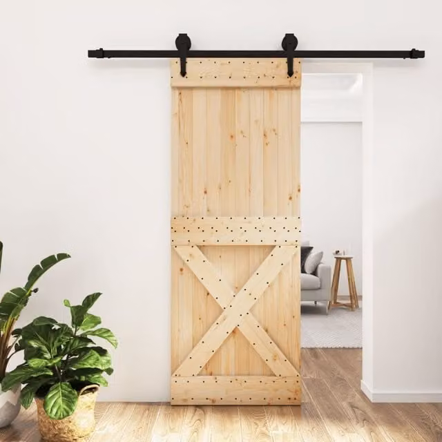 Berkfield Home Rustic Sliding Door with Hardware Set, Solid Brown Pine Wood, W: 80 cm, H: 210 cm