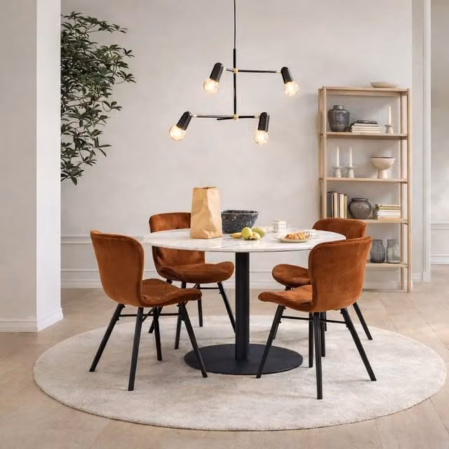 Furniture To Go Corby Round White Marble Dining Table with Black Base and 4 Batilda Copper Chairs