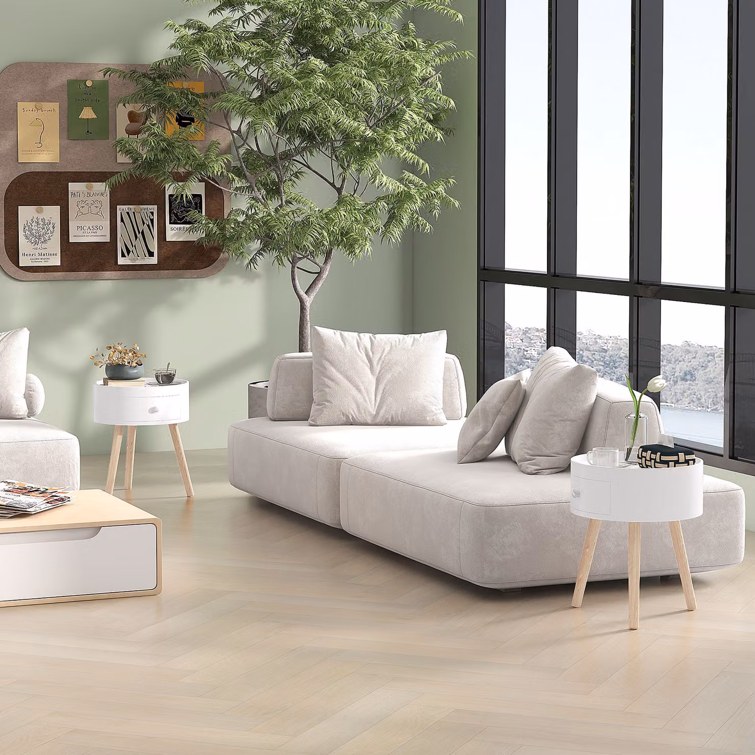 HOMCOM Set of 2 Modern Round Side Tables with Drawer and Wood Legs, White – 2