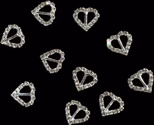 Syntego Pack of 10 Mini Heart Crystal Ribbon Slider Buckles in Silver