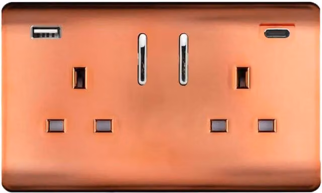 Trendi 2 Gang 13 Amp USB Switched Plug Socket with Type A and C Ports, Copper