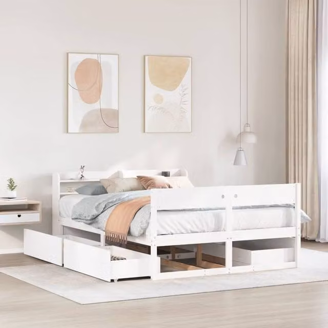 Berkfield Home White Solid Pine Wood Double Bed Frame W/D/H: 135 x 190 cm