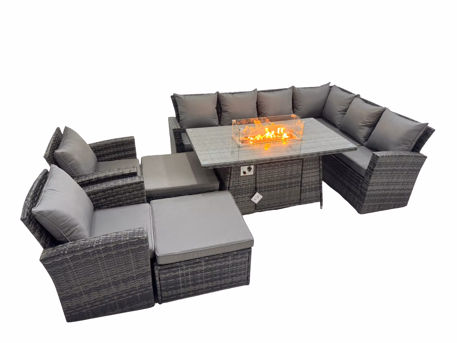 Fimous Rattan L-Shape Corner Sofa Set with Gas Fire Pit Table and 2 Ottomans in Dark Grey – 2