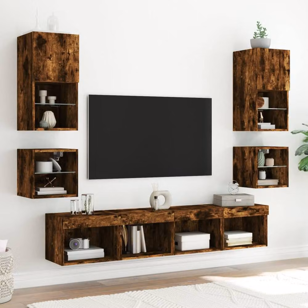 Berkfield Home Set of 2 Wall-mounted Bedside Cabinets with Integrated LED Lights in Smoked Oak Brown – 3