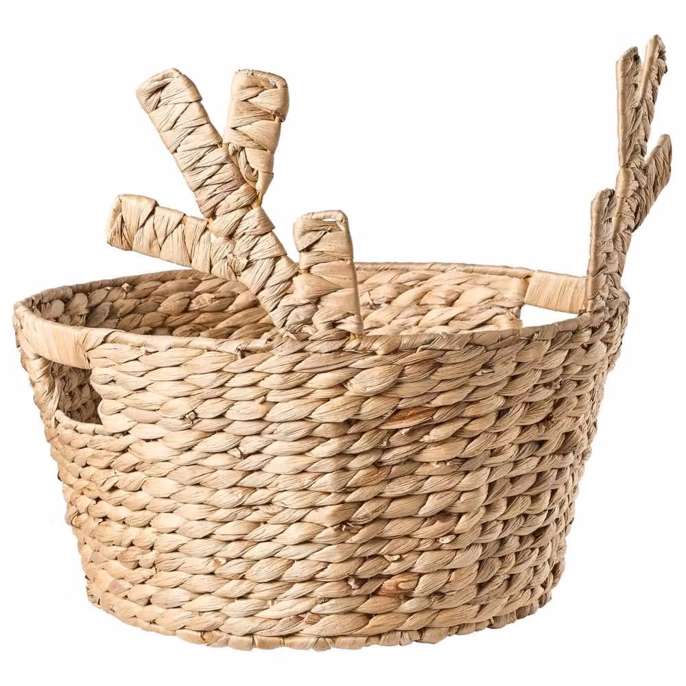 Wyld and Coco Natural Water Hyacinth Braided Basket with Deer Ears in Brown and Beige – 2