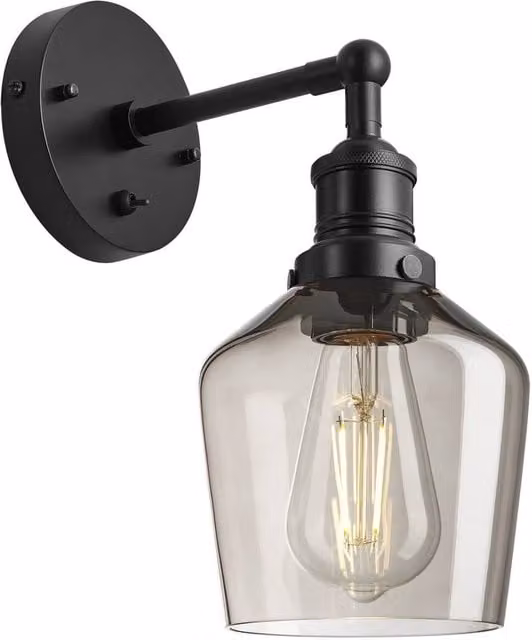Industville Brooklyn Schoolhouse Wall Light in Black with Smoked Glass