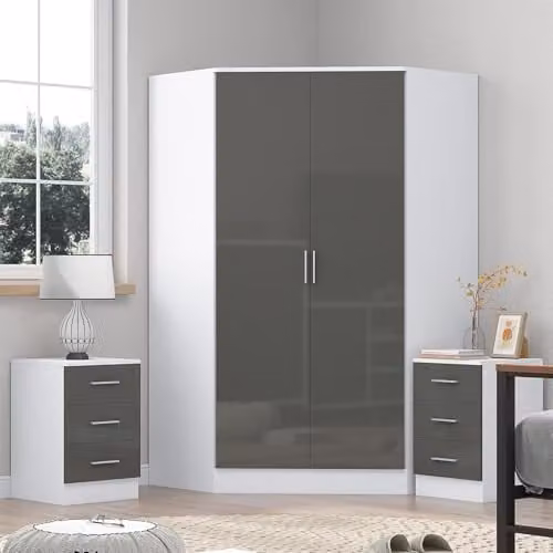 Reflect Modern Glossy Bedroom Set in Grey and White featuring a 2 Door Corner Wardrobe and 2x 3 Drawer Bedside Tables